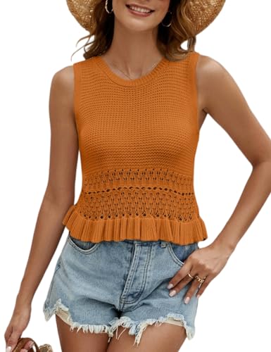 Image of VIMPUNEC Womens Crochet Crop Tank Tops Sleeveless Knit Sweater Vest Ruffle Hem Summer Top