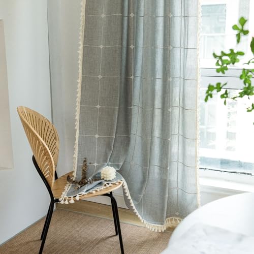 Visillo corto de algodón y lino KnSam, elegancia bordada con borla para ventana 3