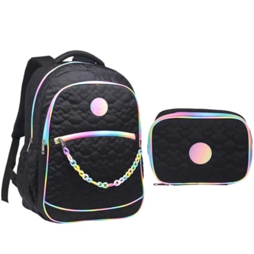 Mochila De Costas Escolar Juvenil 18” Com Estojo Estampa Coração Feminina (PRETO)