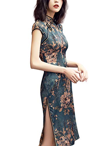 Women's Greenish Blue Traditional Flowers Chinese Dress Lightweight Flowy Unlined4