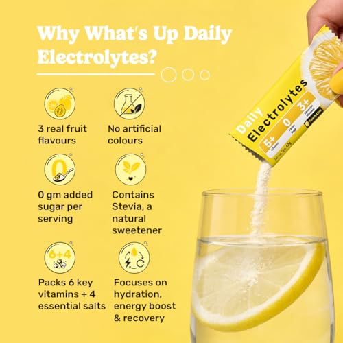 Image of What's Up Wellness Daily Electrolytes Powder - Punchy Lime Flavour | Zero Added Sugar | Instant Hydration - Sodium, Potassium, Magnesium & Zinc | Vegan - 45 Sachets | Pack of 3