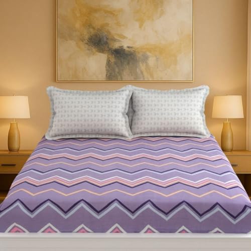 Image of Mafatlal Luxe Lilac 140 GSM Soft Microfiber Double Bedsheet with 2 Pillow Cover for Queen Size Bed, 90x100 Inch - Purple Pink Orange Light Blue, Lightweight, Cozy & Durable