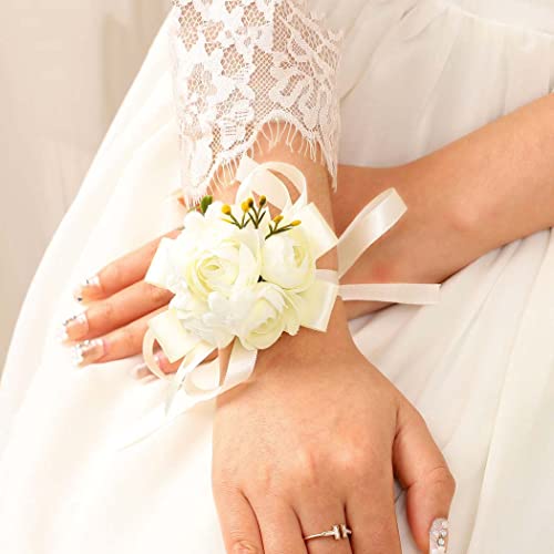 CASDRE Bride Wedding Wrist Corsage Hand Flower with Ribbon Bridal Corsage Wristlet Wedding Accessories for Women and Girls (Ivory)