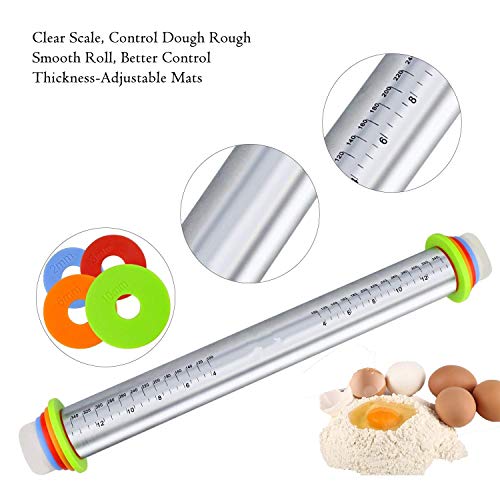FUKTSYSM Rolling Pin, Adjustable Stainless Steel 17 in Rolling Pin with Thickness Setting Rings & Handles Precision Dough Roller for Pizza, Pasta, Biscuits & Pastry - Image 2