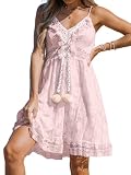 CUPSHE Damen Sommerkleid V Ausschnitt Floral Spitze Quasten Spaghetti Trägerkleid Freizeitkleider Boho Sommer Beach Mini Dress Rosa M