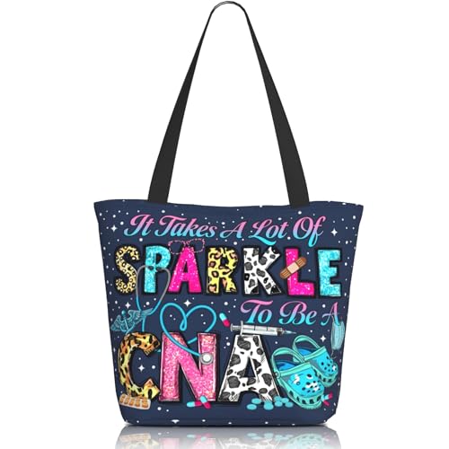 Quelindra Nurse Tote Bag Nurse Aesthetic Canvas Tote Bags For Women Nurses Week Gifts Gift For Sparkle A Cna Waterproof Zipper Shoulder BagReusable Grocery Shopping Bags For Moms And Nurses
