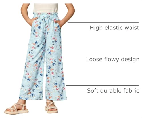 Image of Girls Summer Floral Wide Leg Pants High Waisted Flowy Dress Trousers with Pockets for School Lounge Beach 5-14 Years