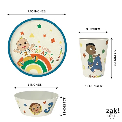 Image of Zak Designs CoComelon Kids Dinnerware Set 3 Pieces, Durable and Sustainable Melamine Bamboo Plate, Bowl, and Tumbler are Perfect For Dinner Time With Family (JJ, Cody, Nina)