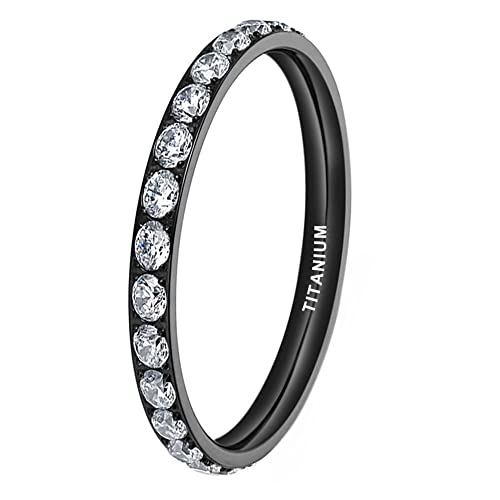 TUTISS 2mm Black Stackable Titanium Rings for Women Cubic Zirconia Engagement Promise Eternity Wedding Bands Comfort Fit Size 5.5
