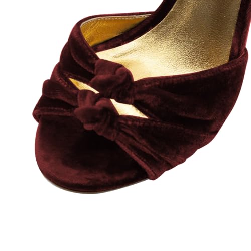 FSJ Women Velvet Heeled Sandals Ankle Strap High Block Open Toe Dress Pumps Chunky Heel Double Knot Bridal Wedding Dress Shoes Size 4-16 US4