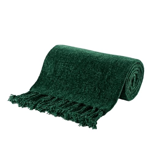 BATTILO HOME Christmas Green Chenille Throw Blanket, Soft Cozy Knit Blanket with Fringe Tassels, Lightweight Holiday Farmhouse Decor for Couch Sofa Bed Chair, 50"x60"