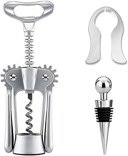 BYUEE Wing Corkscrew Red Wine and Beer Bottle Opener with Wine Foil Cutter and Wine Stopper - Silver