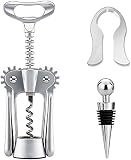 BYUEE Wing Corkscrew Red Wine and Beer Bottle Opener with Wine Foil Cutter and Wine Stopper - Silver