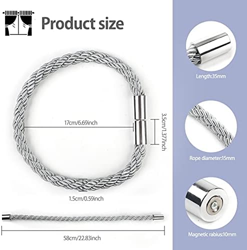 Magnetic Curtain Tie Back, 2 Pcs Strong Magnetic Curtain Tiebacks Modern Simplicity Curtain Rope Holdbacks,Braided Rope Curtain Decoration for Thin or Thick Home and Office Window Drapery ( Sliver )
