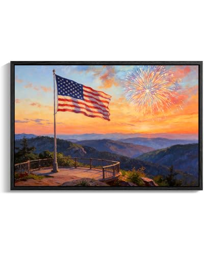 Image of American Flag Framed Canvas Wall Art, 4th of July Fireworks Canvas Prints, USA Flag with Ocean Sunset Landscape Patriotic Decorations, Independence Day Wall Decor for Bedroom Living Room 20x24