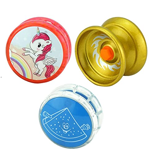 3-Pieces Metal and Plastic Light Up Responsive Yoyos, Auto Return Yo-Yo for Kids and Beginners Party Favors, Entertaining String Tricks (Metal, Fruit and Unicorn Yoyos(Glod, Blue, Pink))