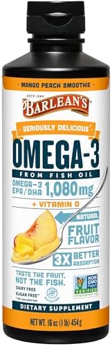 Barlean's Omega 3 Fish Oil Liquid Supplement with Vitamin D for Men and Women, 1080mg of EPA and DHA Fatty Acid, Promotes Brain & Heart Health - Non-GMO, Mango Peach, 16 oz