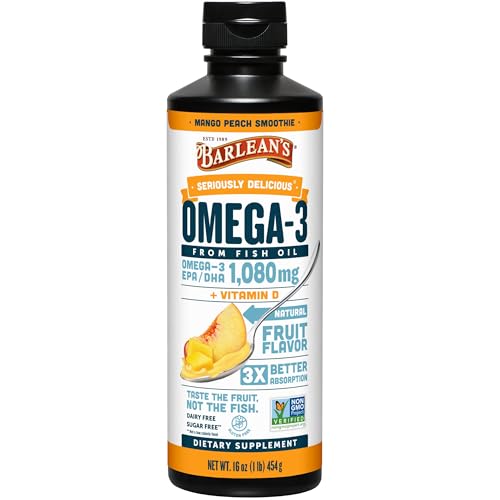 Barlean’s Mango Peach Omega-3 Fish Oil with Vitamin D, 1080mg, 16oz