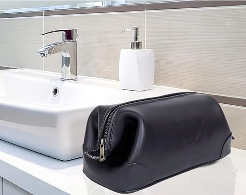 HLC Leather Toiletry Bag for Men Best Gift Premium Genuine Leather Dopp Kit Shaving Kit Organizer Travel Kit Pouch Bag for Men Large Size Black