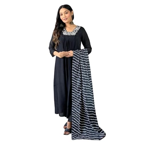 Image of Naixa Women's Silk Chifon Embroidered Flared Kurta with Pant and Dupatta Set