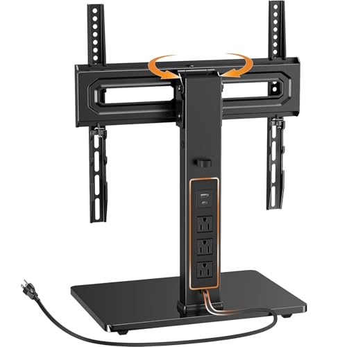 Perlegear Universal Swivel TV Stand with Power Outlet, Tabletop TV Stand for 34–65 Inch TVs up to 88 lbs, Tempered Glass TV Mount Stand Base with Height Adjustment, Tilt, Max VESA 400x400mm,PGTVS27