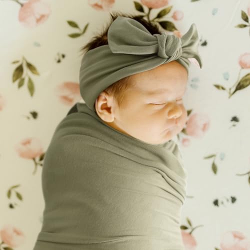 Image of GRSSDER Newborn Swaddle Blanket, Ultra Soft Jersey Receiving Blanket with Matching Headband and Beanie Set 33x44 inch, Stretchy Baby Neutral Swaddle Wrap for Girls and Boys
