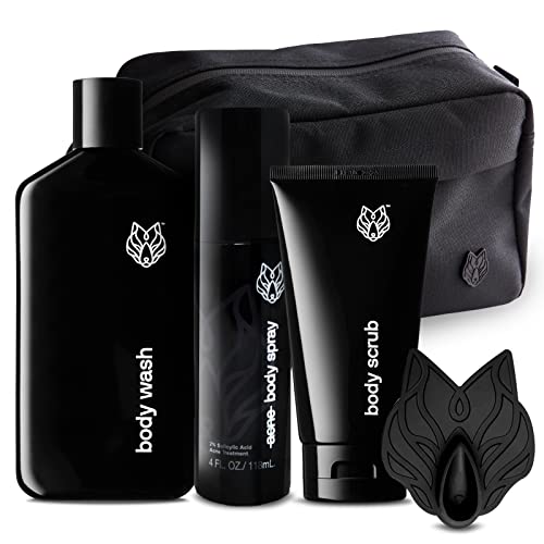 Black Wolf Acne Fighting System - Charcoal Powder Body Wash, Exfoliating Body Scrub, Body Acne Spray, Scrubber And Toiletry Bag Kit #TOP12