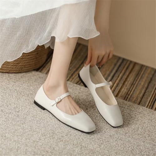 Stunner Mary Jane Square Toe Black Ballet Flats for Women, Comfortable Ankle Strap Casual Slip On Flats, White 39(7.5) 23