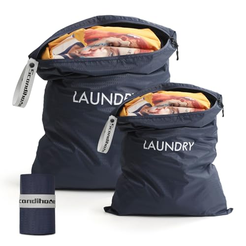 Travel Laundry Bag (2 Pcs - Large + Small) - Foldable Waterproof Washable Wet Dry Bag for Gym, Swimming, Yoga, and Workout Perfect for Dirty Clothes, Bathing Suits, Travel Accessories - Navy Blue