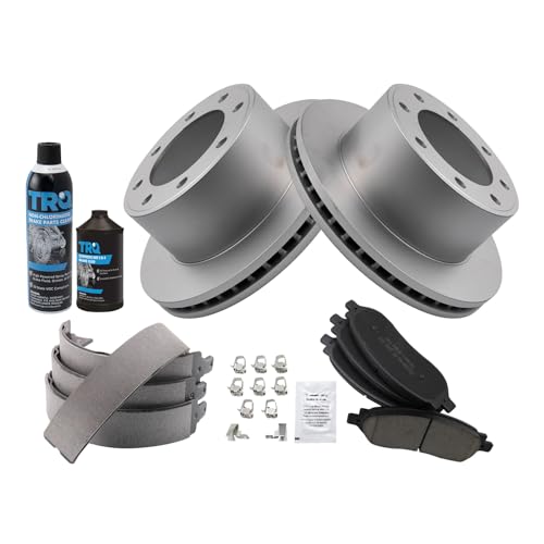 Image of TRQ Rear Brake Pad & Rotor Kit, with Chemical Kit Parking Brake Shoe Set Ceramic Premium G-Coated Compatible with 2005-2007 Ford F-250 Super Duty F-350 Super Duty