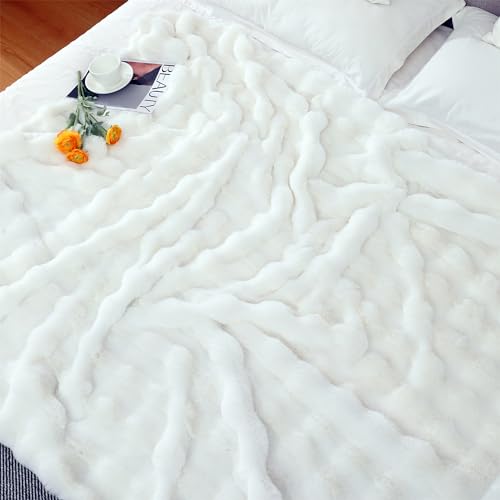 RYNGHIPY Faux Fur Throw Blanket Double Sided Thick and Warm Plush Fluffy Faux Rabbit Fur Decoration for Couch Sofa Chair and Bed Cream Winter Blanket (Ivory, 63''x79'') by RYNGHIPY - Used condition - Image 7