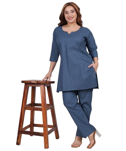 Image of Fabme Women's Cotton Printed Straight Night Suit Set of Top & Pyjama, Relaxed wear, Night wear Dress