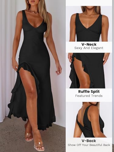 Women Sexy V Neck Sleeveless Mesh Ruffle Hem Bodycon Maxi Casual Backless High Slit Cocktail Party Dress3