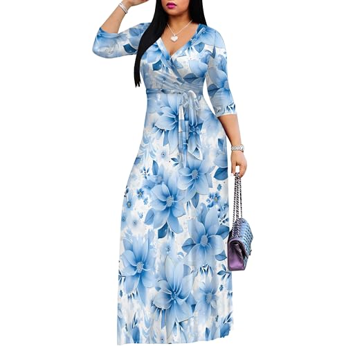 Image of Women Plus Size Long Sleeve V Neck Maxi Dress with Belt | Soft fabric relaxed fit three quarter sleeve v neck with pockets for party and daily wear