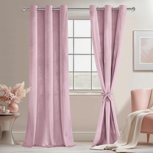 Image of JIUZHEN Pink Velvet Curtains 96 inches for Living Room - Privacy Protect Room Darkening Grommet Thick Velvet Window Drapes for Bedroom, Set of 2 with Tiebacks, 42W x 96L