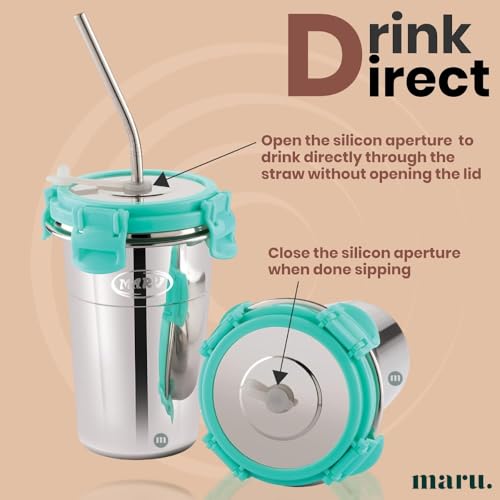 Image of MARU Stainless Steel Tumbler 400ml with Lid, Reusable Straw & Cleaning Brush - Durable, Leakproof & Portable Sippy Cup - Ideal for Travel, Office & Home (Green)