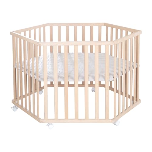 roba Parc Hexagonal + Tapis de Protection 'Lil Planet' Gris - Parc de Jeu en Bois de Hêtre Massif - Hauteur Réglable sur 3 Niveaux - Bois Naturel