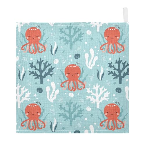 Image of vvfelixl Baby Muslin Washcloths Octopus Swimming Underwater Baby Burp Cloths Cotton Baby Face Towel for Newborn Infants Boys Girls Soft and Absorbent 11.8 X 11.8 in, 3 Pack