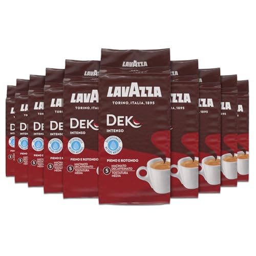 Lavazza, Dek Intenso, Café Molido Natural, 10 x 250 g, Ideal para Cafetera Italiana, de Filtro y Francesa, con Notas Aromáticas de Madera y Tabaco, Arábica y Robusta, Intensidad 5/10, Tueste Medio