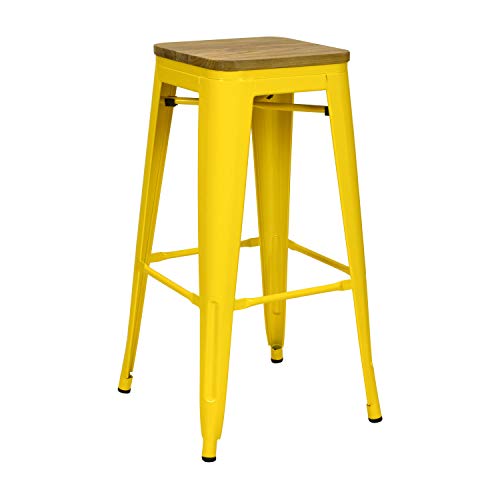 Vaukura Taburete Alto Tolix - Taburete Industrial Metálico Asiento Madera (Amarillo)
