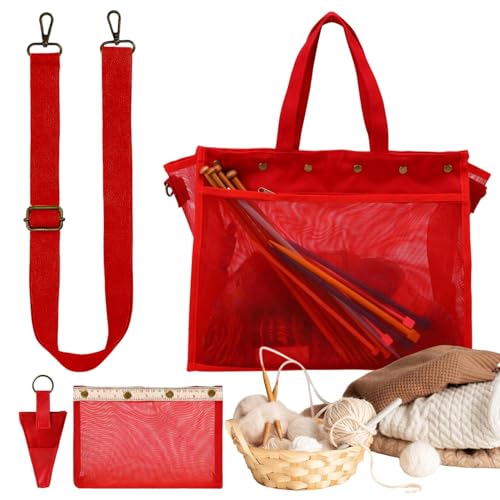 Bolsa de punto para tejer y hacer ganchillo, organizador de hilo con diseño de orificios, bolsillos de almacenamiento para proyectos de ganchillo e hilo, para actividades al aire libre, escuela, novia