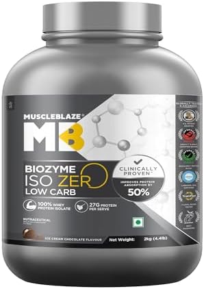 MuscleBlaze Biozyme Iso-Zero Whey Protein Isolate Powder, 2kg (4.4lbs)