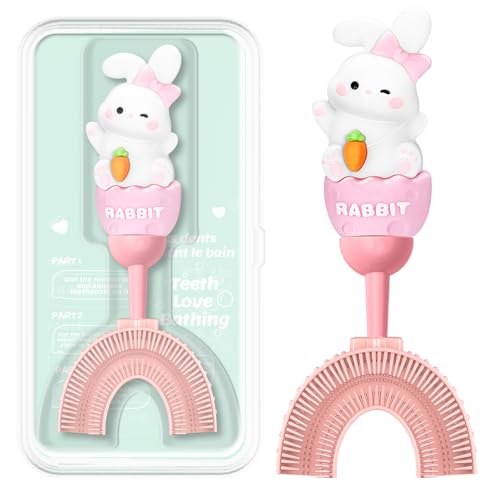 Cepillo Dental en Forma de U para Niños 2-7 Años, Limpieza 360° con Silicona para Encías Sensibles, Incluye Estuche para Viaje, Diseño Dinosaurio (Rosa)