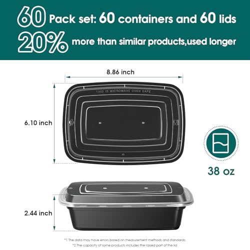 60 Pack Meal Prep Containers, 38 Oz Food Storage Containers with Lids, Extra-Thick Plastic To Go Containers, Disposable Bento Lunch Box for Take out, BPA Free, Dishwasher/Microwave/Freezer Safe