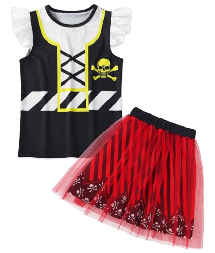 COTRIO Girls Pirate Dress Toddler Princess Dress Birthday Outfit Two Piece Ruffle Sleeve T-Shirt Tulle Tutu Skirt Set Kids Party Clothes Size 6 (5-6 Years Red)