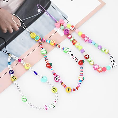 Sibba 3Pcs Smiley Face Evil Eye Beaded Phone Charm String Colourful Beads Lanyard Wrist Strap Anti-Lost Polymer Clay Phone Chain Fruit Star Letter Pearl Mobile Phone Charms Bracelet Key Chain