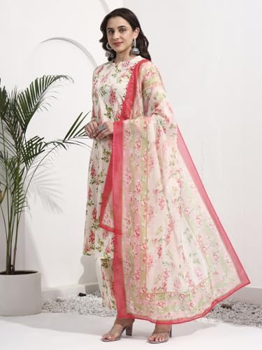Image of idaLia Women's Multicolor Floral Printed Cotton Kurta Pant Set with Dupatta | Straight Fit | V-Neck | 3 /4 Sleeves Ethnic Suit