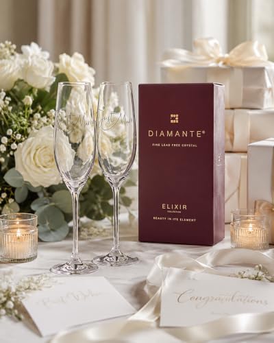 DIAMANTE Swarovski “Just Married” Champagne Flutes – Wedding Gift Crystal Embellished with Swarovski Crystals – Gift Boxed Pair - Image 2
