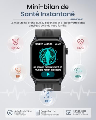 FOSMET S101 Montre Connectée Homme avec Tensiomètre à Pompe, ECG, EDA, Noir – vue 4