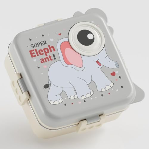 Image of TEKCOOL Kids Tiffin Box for School, 3 Compartments Insulated Stainless Steel Lunch Box, Leak Proof Bento Box with Spoon, BPA Free Food Grade Meal Box, 1120ml + 70ml (Grey, Super Elephant);